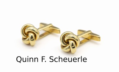 Paar 14 kt Gold Manschettenknöpfe, GG 585/000, Meistermarke Quinn - F. Scheuerle, klass. Knotenform, total ca. 15.7 g