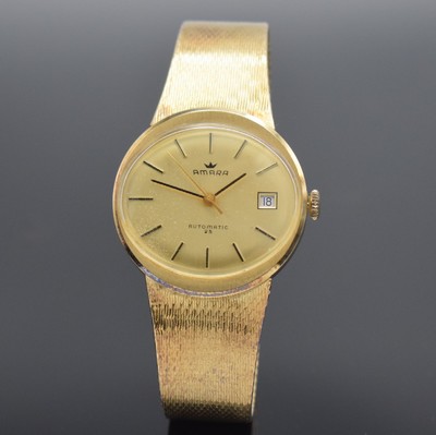 AMARA Herrengoldbanduhr in GG 585/000, Schweiz um 1965, Automatik, 2-teil. Gehäuse, Boden aufgedr., Milanaiseband, verg. Zifferbl. m. aufges. ...