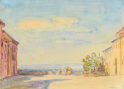 Hans Dieter, 1881 Mannheim - 1968 Tuttlingen , Aquarell, Stadtansicht mit Blick auf den Bodensee und bunter Figurenstaffage, rechts unten signiert, ...