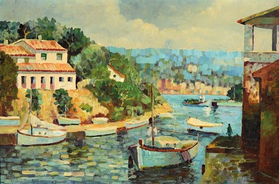Bernard, Maler der Mitte des 20. Jh., Boote auf einem Kanal, wohl Südfrankreich, Öl/Lwd, links unten signiert, ca. 60x90cm, R. ca. 68x98cm