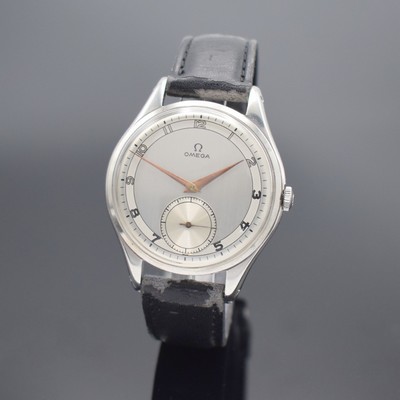 OMEGA große Herrenarmbanduhr D. ca. 38 mm in Stahl Referenz 2505-21, Schweiz um 1950, Handaufzug, Boden aufgedr., silb. Duoton- Zifferbl. rest., ...