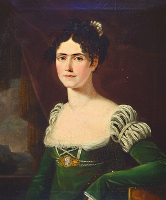 Unbekannter Künstler des Biedermeier, deutsch, um 1815/20, Porträt der Königin Karoline Friederike von Bayern (1776-1841) in grünem Samtkleid mit ...