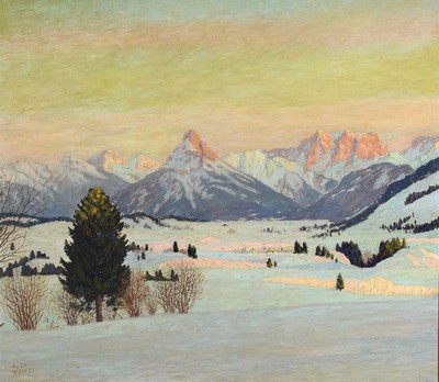 Alexander Weise, 1883 Odessa-1960 München, verschneite Alpenlandschaft, Öl/Lwd, links unten signiert "Alex Weise", ca. 70x78cm/86x93cm, ...