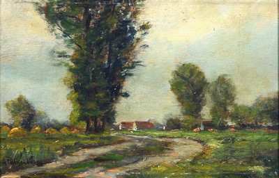 Richard Falkenberg, 1875 Wuppertal-1948 Zeulenroda, Feldweg mit Bäumen und Ortschaft im Hintergrund, Öl/Holz, links unten signiert, ca. ...