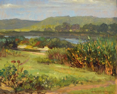 Hans Stadelmann, 1876 Nürnberg-1950 Lenggries, Am Main in Unterfranken, rückseitig so betitelt, Öl/Malkarton, rechts unten signiert, ca. 24x30cm, ...
