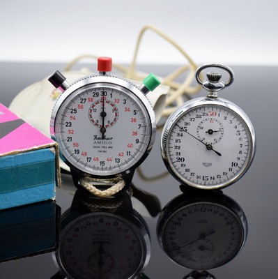 HEUER & HANHART 2 verchromte Stoppuhren, 1) Heuer, Schweiz um 1930, Emailzifferbl. riss./besch., 30-Sek.- & 15-Min.-Stoppzähler, D. ca. 51 mm, ...