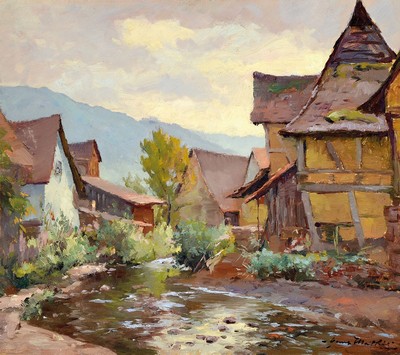 Hans Mathis, 1882 Straßburg-1944 München, Bach der durch eine Ortschaft läuft, Öl/ Malkarton, rechts unten signiert, rückseitig Skizze mit ...