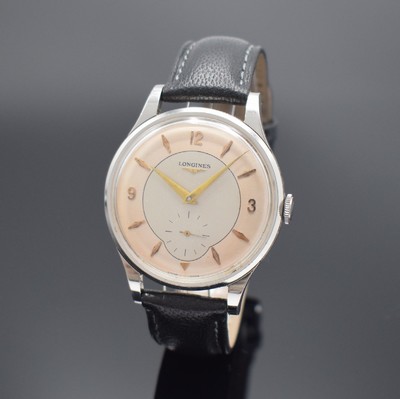 LONGINES große Herrenarmbanduhr 37,5 mm in Stahl Referenz 4914 mit Longines Etui, Schweiz um 1956, Handaufzug, 3-teil. Geh., Boden gedr., rest. ...