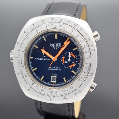 HEUER Calculator Herrenchronograph in Stahl Referenz 150.633, Schweiz um 1975, Automatik, verschr. Geh. Aluminium Rechenschieber-Lünette, orig. ...