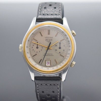 HEUER Verona seltene Herrenarmbanduhr mit Chronograph Referenz 110.215, Schweiz um 1979, Automatik, Stahlgeh., verg. Lünette, Boden geschr., ...