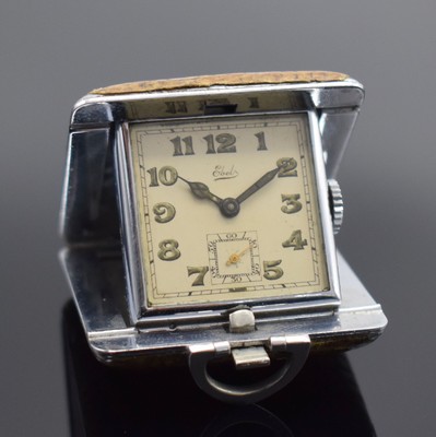 EBEL frühe Mini-Reiseuhr, Schweiz um 1930, Handaufzug, verchr., aufklappbares Gehäuse, beids. m. Echsenleder bezogen, silb., sign. orig. Zifferbl. ...