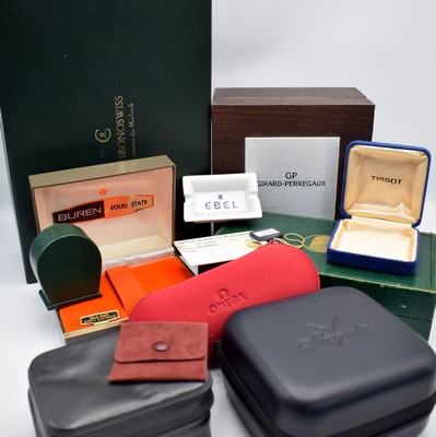 Konvolut Uhrenboxen & Zubehör, um 1950-2010, -im Einzelnen: Omega Servicebox, Breguet Servicebox, Ebel Box, Jaeger Reisewecker-Box, Tissot Box, ...
