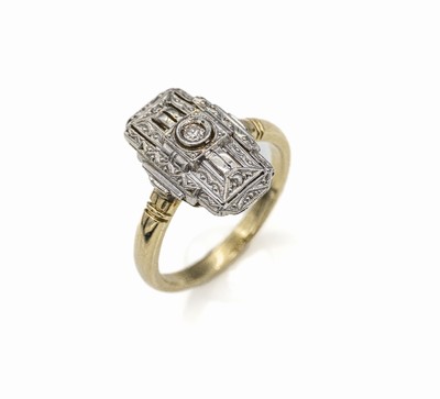 14 kt Gold Art-Deco-Diamant-Ring, GG/WG 585/000, 1930er Jahre, 1 Diamant ca. 0.05 ct get./si, Ringschiene erneuert, ca. 5.0g, RW 58