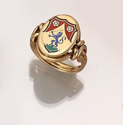 14 kt Gold Wappenring, GG 585/000, wohl deutsch um 1900, Meistermarke K - ungedeutet, emailliertes Wappen in Rot, Blau, Grün und Schwarz in ...
