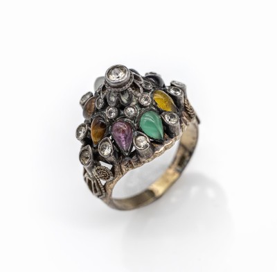 10 kt Gold Pagodenring, GG 417/000, hoher Ringkopf Silber, geometrisch, rundfacett. farblose Similisteine, tropfenförmige Glassteincabochons in ...