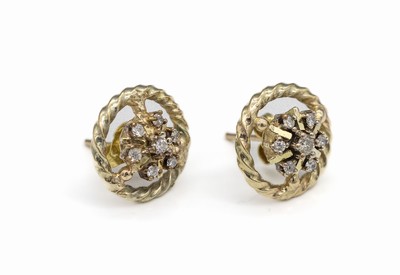 Paar 14 kt Gold Diamant-Ohrstecker, GG 585/000 gepr., rund, Kordelrand, insg. 2 Brillanten und 12 8/8-Diamanten zus. ca. 0.24 ct Weiß/p, ca. 4.1 g