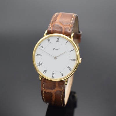 PIAGET Armbanduhr in GG 750/000 Referenz 9035, Handaufzug, Schweiz um 1990, Lederband m. orig. GG 750/000 Dornschl., Boden aufgedr., emailfarb. ...