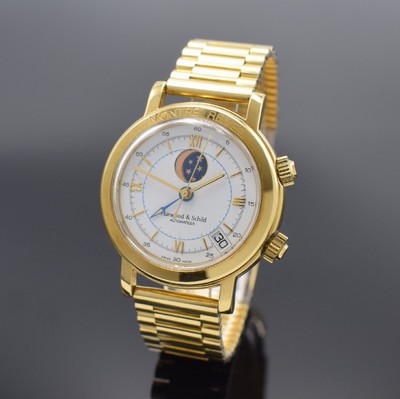 HARWOOD & SCHILD Montre Reveil Herrenarmbanduhr mit Wecker, Mondphase & Datum, Schweiz um 1990, Automatik, verg. Geh., gedr. Stahlboden m. Monogramm, ...