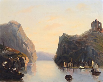 J. Bauer, Künstler des 19. Jh., Fjordlandschaft, mit Personenstaffage, Öl/Lwd,re. u. signiert, ca. 37.5 x 48 cm, krakeliert,l. Altersschäden, ...