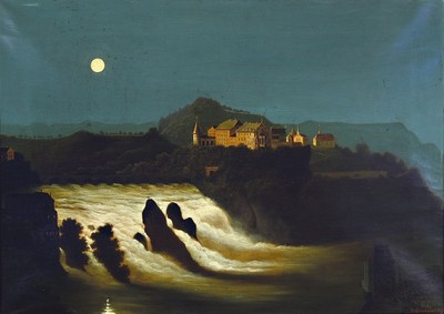 Joseph Bühlmann 1844 Grosswangen Schweiz - 1921 München, der Rheinfall bei Neuhausen, Mondlandschaft, Öl/Lwd, signiert, dat. 1883, ca. 61 x 83 cm, ...