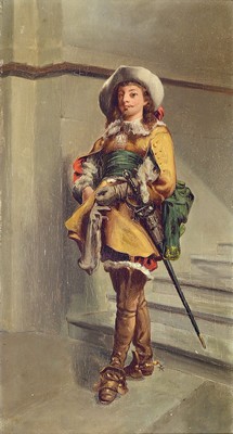 Unbekannter Künstler, um 1900, Musketier vor Treppe, Öl/Holz, unsigniert, ca. 41 x 21 cm, Rahmen l. besch.