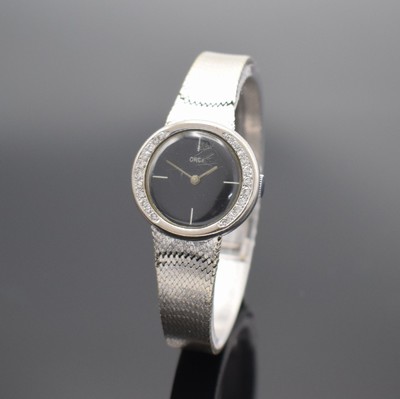 OREX Damenarmbanduhr in WG 585/000, Schweiz um 1965, Handaufzug, 2-teil. Geh., Boden aufgedr., Lünette m. Diamanten bes., Milanaiseband in WG ...