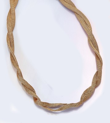 18 kt Gold Zopfcollier, GG 750/000, 2-rhg.,geflochten, in sich l. verdreht, min. Knickstellen, L. ca. 44 cm, ca. 31.6 g