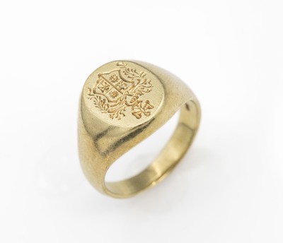 14 kt Gold Siegelring, GG 585/000, ovaler Ringkopf, grav. Wappen, ca. 8.4 g, RW 55