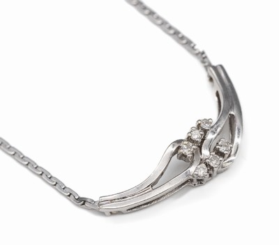 14 kt Gold Brillant-Collier, WG 585/000, 6 Brillanten zus. ca. 0.16 ct Weiß/p, L. ca. 43 cm, ca. 9.4 g, Kastenschloß mit Sicherheitsacht