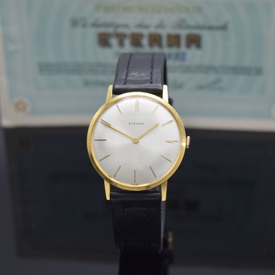 ETERNA Herrenarmbanduhr in GG 750/000 mit original Papier Referenz 744, Schweiz verk. lt. Papier 1964, Handaufzug, flaches Geh., Boden & Glasrand ...
