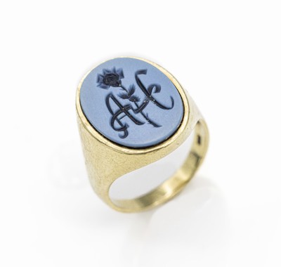 14 kt Gold Siegelring mit Lagenstein, GG 585/000, grav. Lagenstein mit Monogr. AH mit Rose, total ca. 10.1 g, RW 55