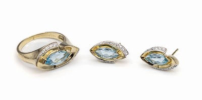 14 kt Gold Topas-Brillant-Schmuckset, GG 585/000, Ring: Topas-Navette (beh.) ca. 2.20 ct, 8 Brillanten in WG gefasst zus. ca. 0.05 ct Weiß/si, RW ...