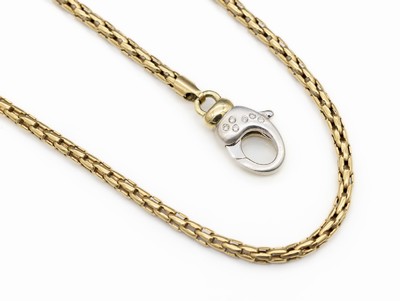 18 kt Gold Kette mit 14 kt Gold-Brillant- Karabinerschließe, Kette GG 750/000, Karabiner 1 Seite WG 585/000 mattiert, 1 SeiteGG 585/000 poliert, ...