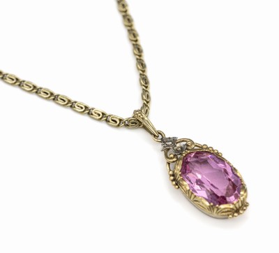 14 kt Gold Farbstein-Anhänger mit Kette, GG 585/000, ovalfacett. rosafarb. Turmalin -Imitation, L ca. 46 cm, total ca. 7.4 g