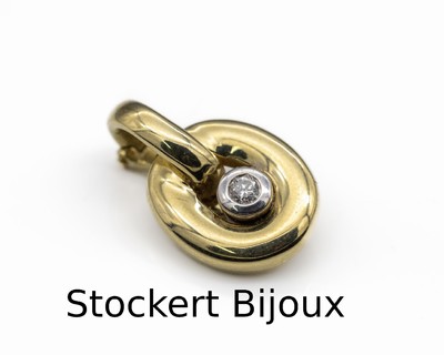 14 kt Gold Brillant-Anhänger, GG 585/000, 1 Brillant in WG gefasst ca. 0.05 ct Weiß/si, Meistermarke Stockert Bijoux,ca. 3.4 g, ca. 1.8. x 1.2 cm