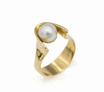 18 kt Gold Zuchtperl-Ring, GG 750/000, Zuchtperle D. ca. 8 mm, RW 60, ca. 8.9 g