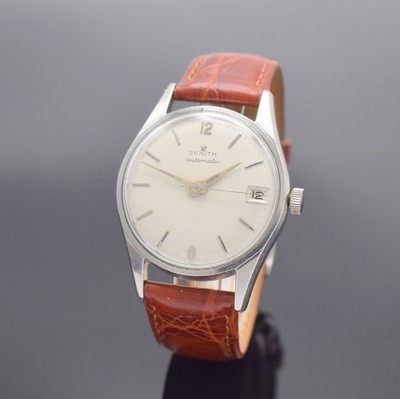 ZENITH Kaliber 71 seltene Herrenarmbanduhr in Stahl, Schweiz um 1960, Hammerautomatik, verschr. Geh., silb. Zifferbl. m. aufges. silb. Indices, Datum ...