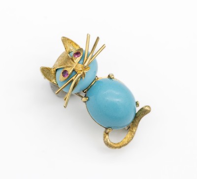 18 kt Gold Brosche "Katze", GG 750/000, wohl ital. Atelierarbeit, naturalistische Wiedergabe mit Schnurrhaaren und kl. Rubin- Augen, Kopf ...
