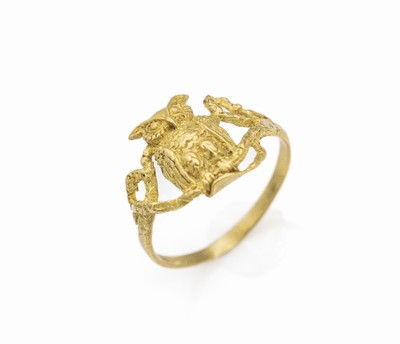 14 kt Gold Ring, GG 585/000, Ringkopf in Form einer Eule auf einem Ast sitzend, RW 60, 1.8 g