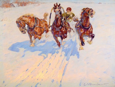 Eugen von Warun-Sekret, 1896 Michalowka/ Ukraine - 1963 Frankfurt, Winterlandschaft mit Schlitten/Troika, qualitätvolle Malerei, Öl/Lwd, re. u. ...