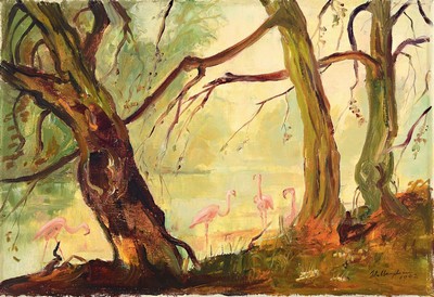 Walter Wellenstein, 1898 Dortmund-1970 Berlin, Flamingos am Ufer, so rückseitig betitelt, Öl/Lwd, rechts unten signiert und dat. 42, ca. 34x50cm