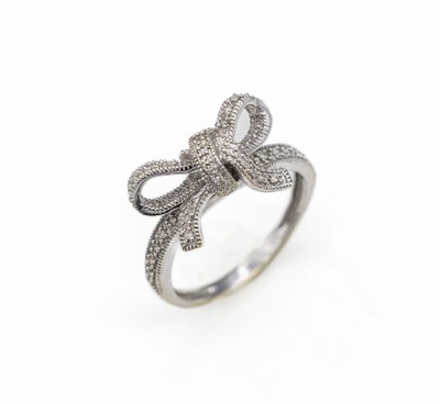 14 kt Gold Diamant-Ring, WG 585/000, aufgelegte Schleife mit 31 8/8-Diamanten zus. ca. 0.15 ct (grav.) Weiß/p, RW 60, ca. 4.8 g, neue Rhod. ...