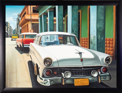 José Angel, zeitgenössischer Künstler aus Kuba, Straßenszene aus Havanna, Acryl/ Lwd, rechts unten signiert, ca. 58x78cm, Rahmen ca. 59x79cm