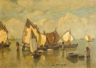 Ludwig Dill, 1848 Gernsbach - 1940 Karlsruhe , Studium an der Akademie München u.a. bei Karl Theodor von Piloty, "Fischerboote vor ...