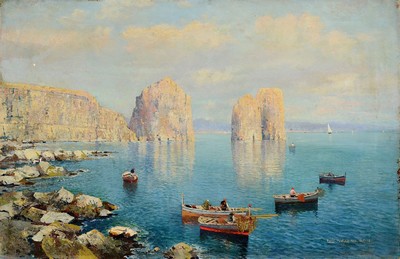 Joseph Faust, 1868 Toulon - 1934, Schüler von Leon Bonat, tätig in Marseille, italienische Landschaft, Blick entlang der Küste auf die ...