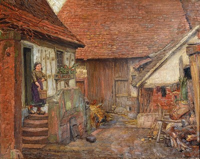 Heinrich Strieffler, 1872 Neustadt - 1949 Landau, Studium an der Akademie München, Blick in einen bäuerlichen Hinterhof, links junge Bäuerin, ...
