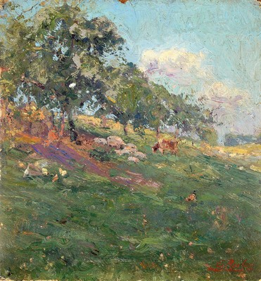 Ernest Rocher, 1872 Molenbeek/St.Jean - 1938 Forest/Belgien, Studium an der Akademie Brüssel, französische Ardennen-Landschaft, in die Tiefe ...