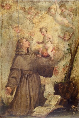 Unbekannter Künstler, süddeutsch, um 1790, Der Hl. Franziskus empfängt die Stigmata, Öl/Holz, Holzplatte aus zwei Teilen zusammengefügt, ca. ...