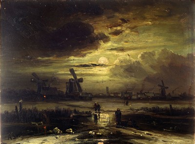 Zuschreibung: Adolf Stademann, 1824-1895 München, Vollmondnacht über holländischer Landschaft mit Personen auf dem Eis, Öl/Platte, links unten ...