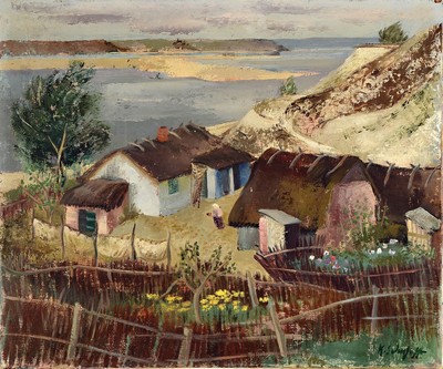 Käthe Schmitz-Imhoff, 1893-1984 Köln, Fischerhütten an der Weichsel, rückseitig so betitelt, Öl/Lwd, rechts unten signiert, ca. 54x65cm